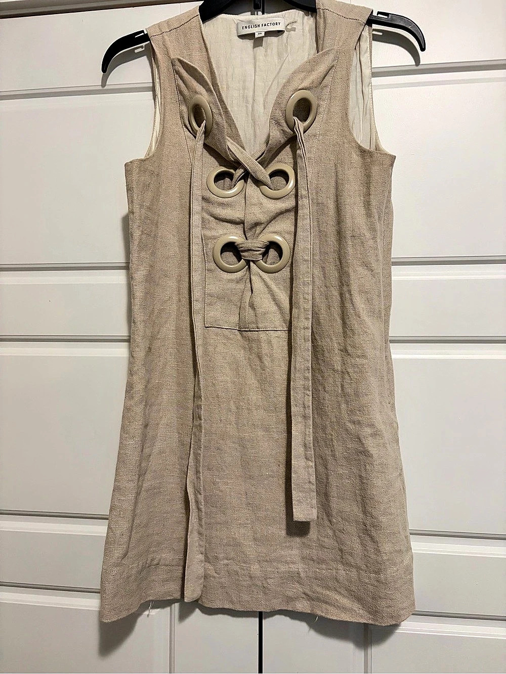 English Factory Linen Lace Up Front Dress Beige XS